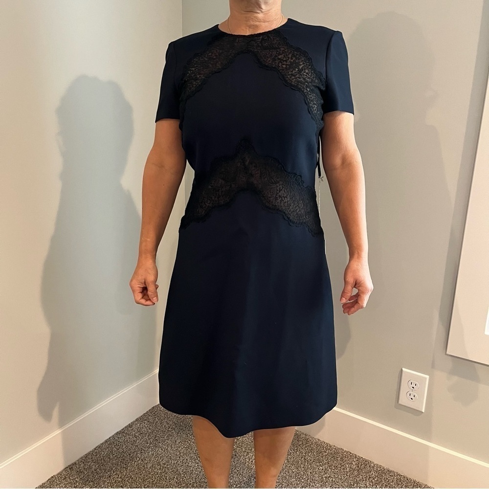 NWT Valentino Size 6 Navy Blue A-line Silk Wool Short Sleeve Black Lace Dress
